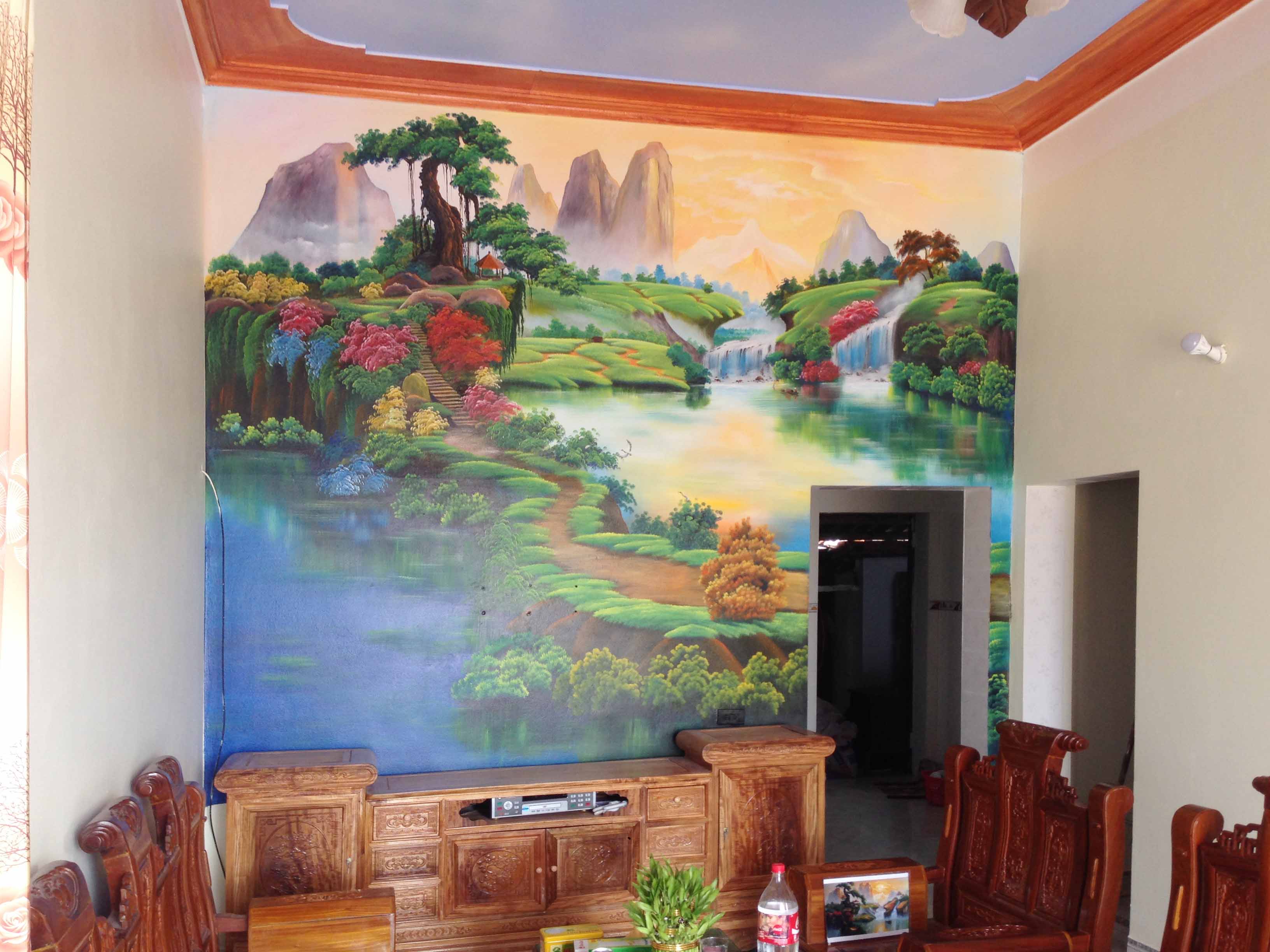 Đổi phong cách phòng khách với vẽ tranh tường