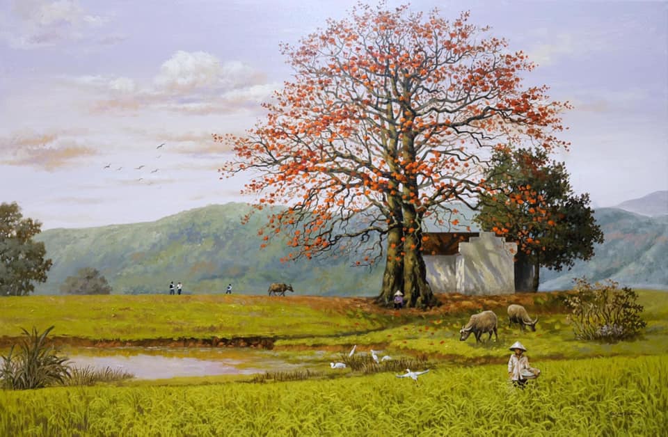 Những mẫu tranh sơn dầu vẽ phong cảnh làng quê Việt Nam tuyệt đẹp 3