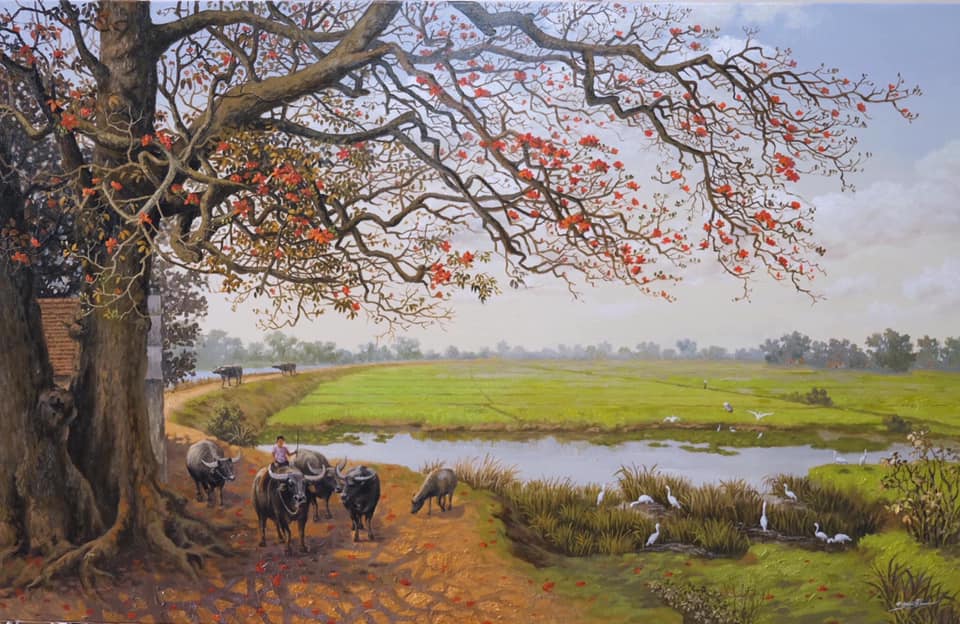 Những mẫu tranh sơn dầu vẽ phong cảnh làng quê Việt Nam tuyệt đẹp  5