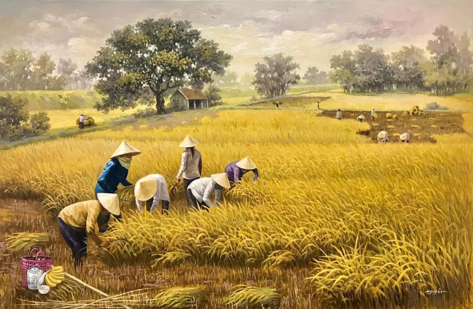 Những mẫu tranh sơn dầu vẽ phong cảnh làng quê Việt Nam tuyệt đẹp 12