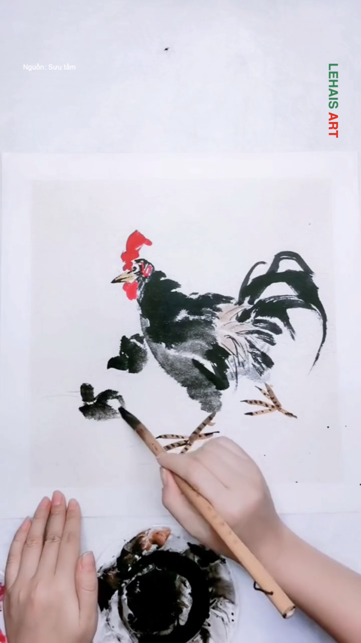 Vẽ con gà bằng màu nước và mực nho