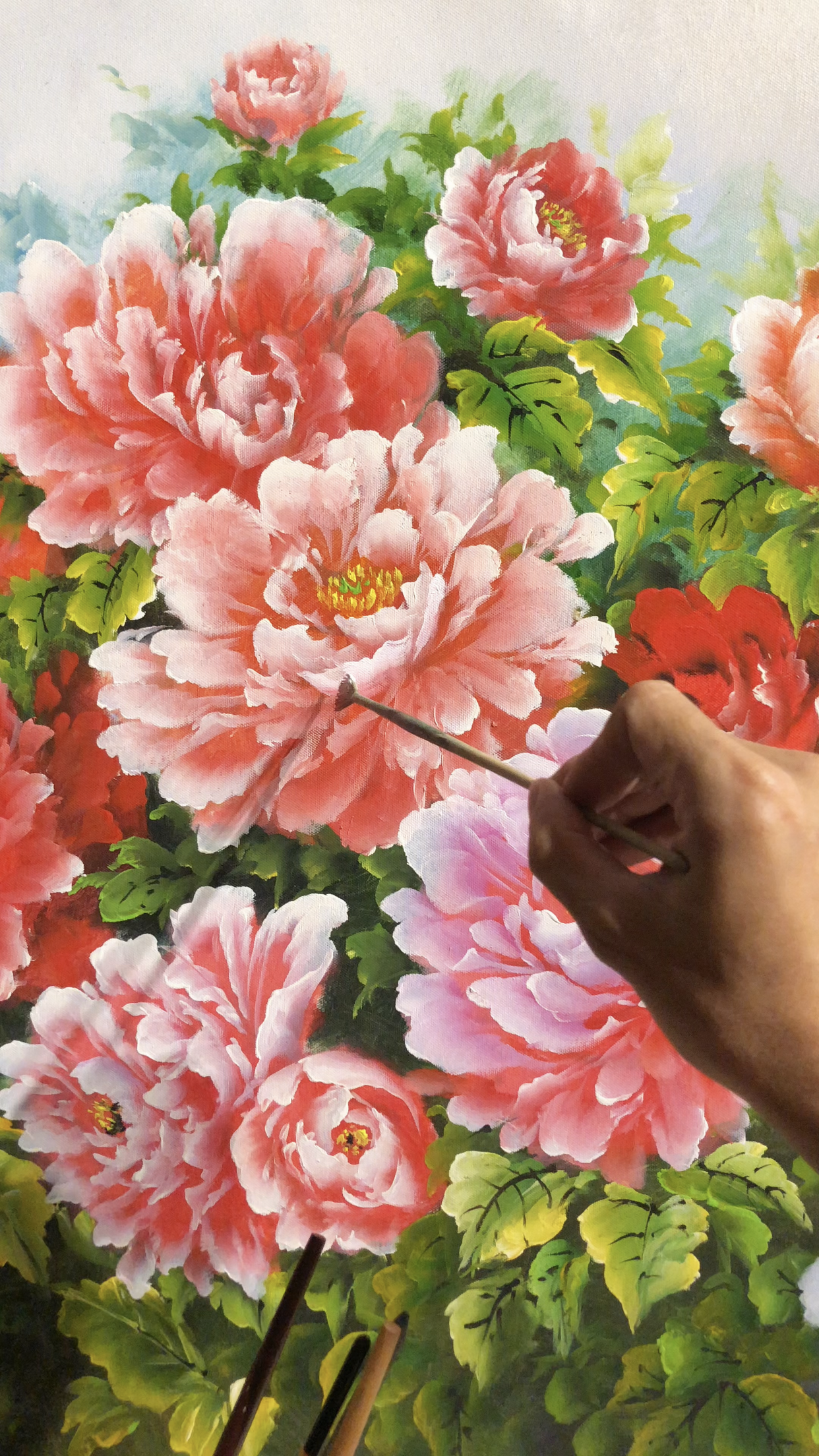 Bức tranh sơn dầu hoa mẫu đơn được vẽ với phong cách và nét bút mạnh mẽ