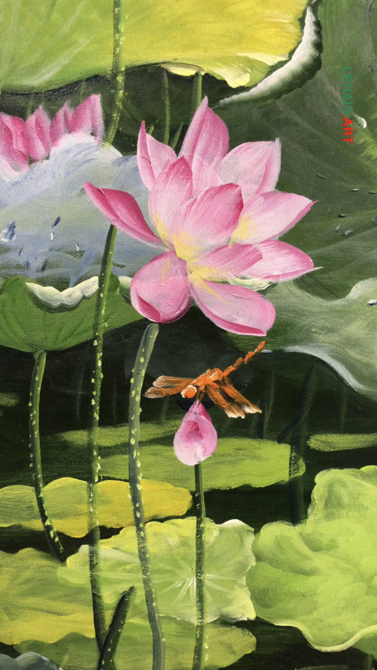 Bức tranh sơn dầu hoa sen và chuồn chuồn