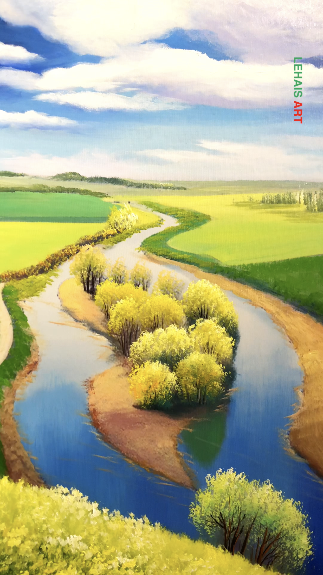 Bức tranh sơn dầu vẽ khung cảnh cánh đồng rộng bao la
