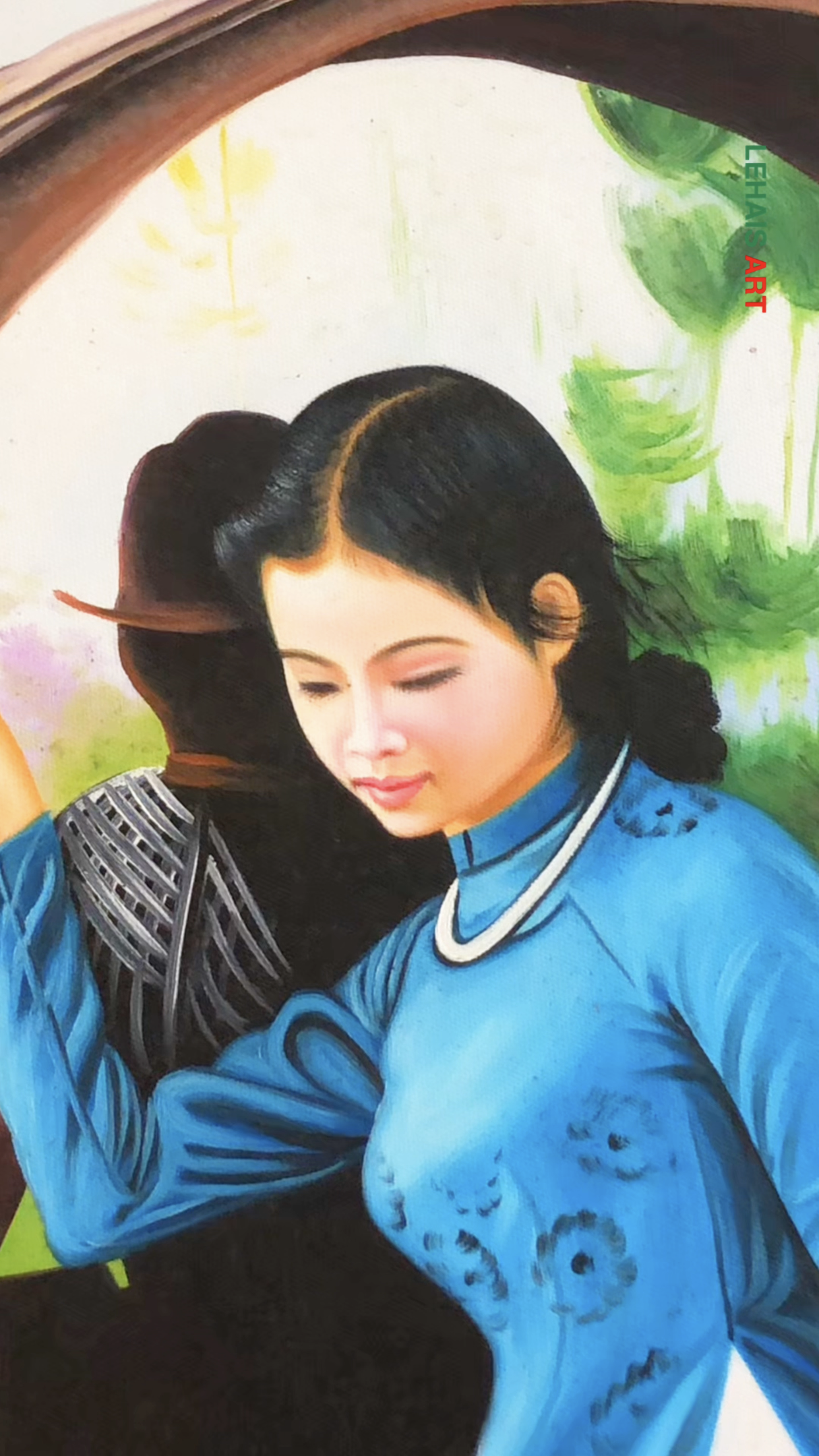 Nét đẹp duyên dáng của thiếu nữ trong tà áo dài trong bức tranh sơn dầu