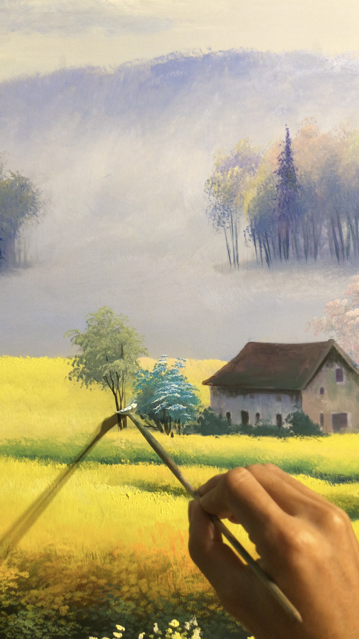 Ngắm cánh đồng hoa vàng rực rỡ qua bức tranh sơn dầu phong cảnh này nhé