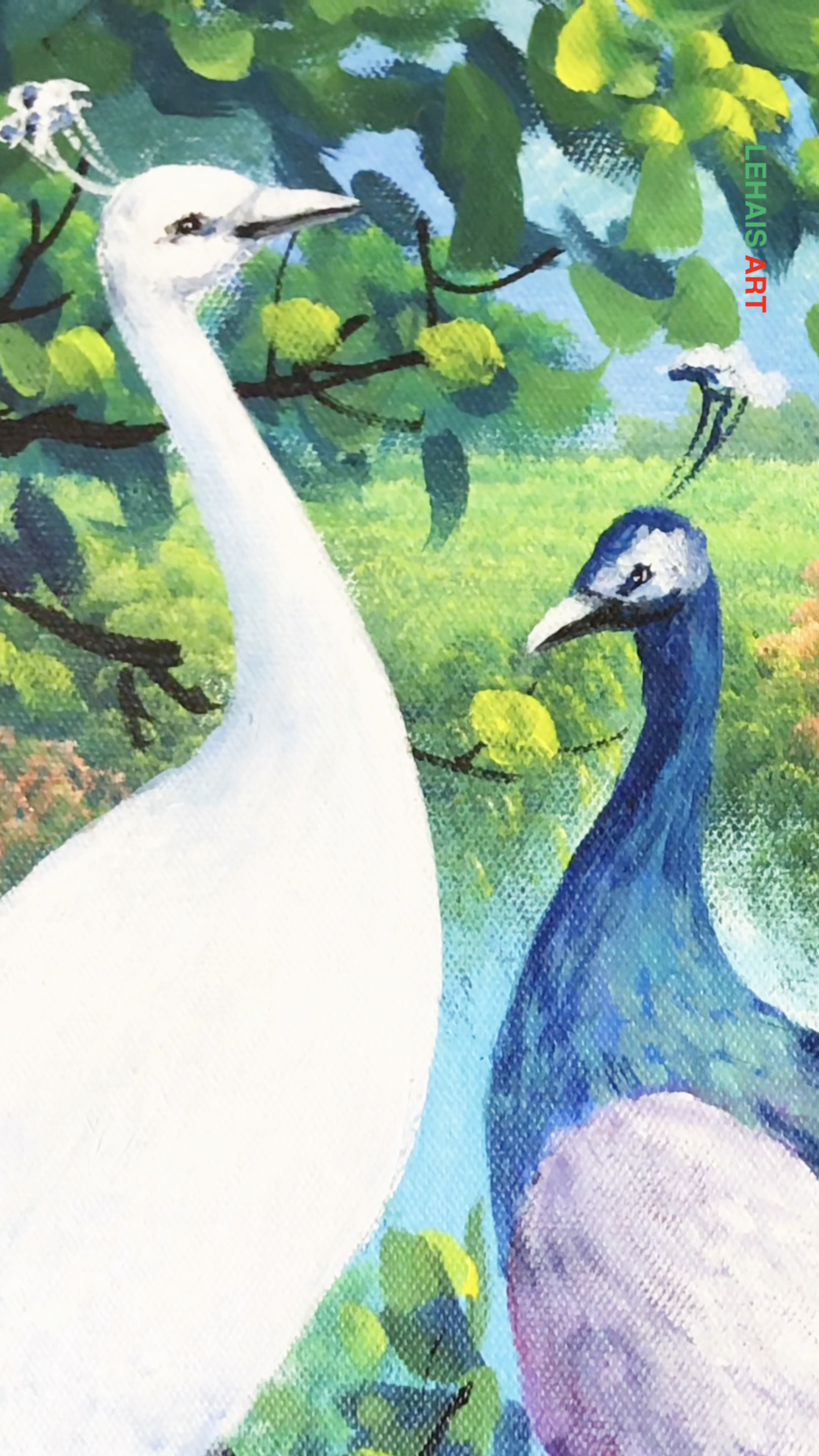 Tranh sơn acrylic vẽ hình ảnh chim công thể hiện cho sự cao quý