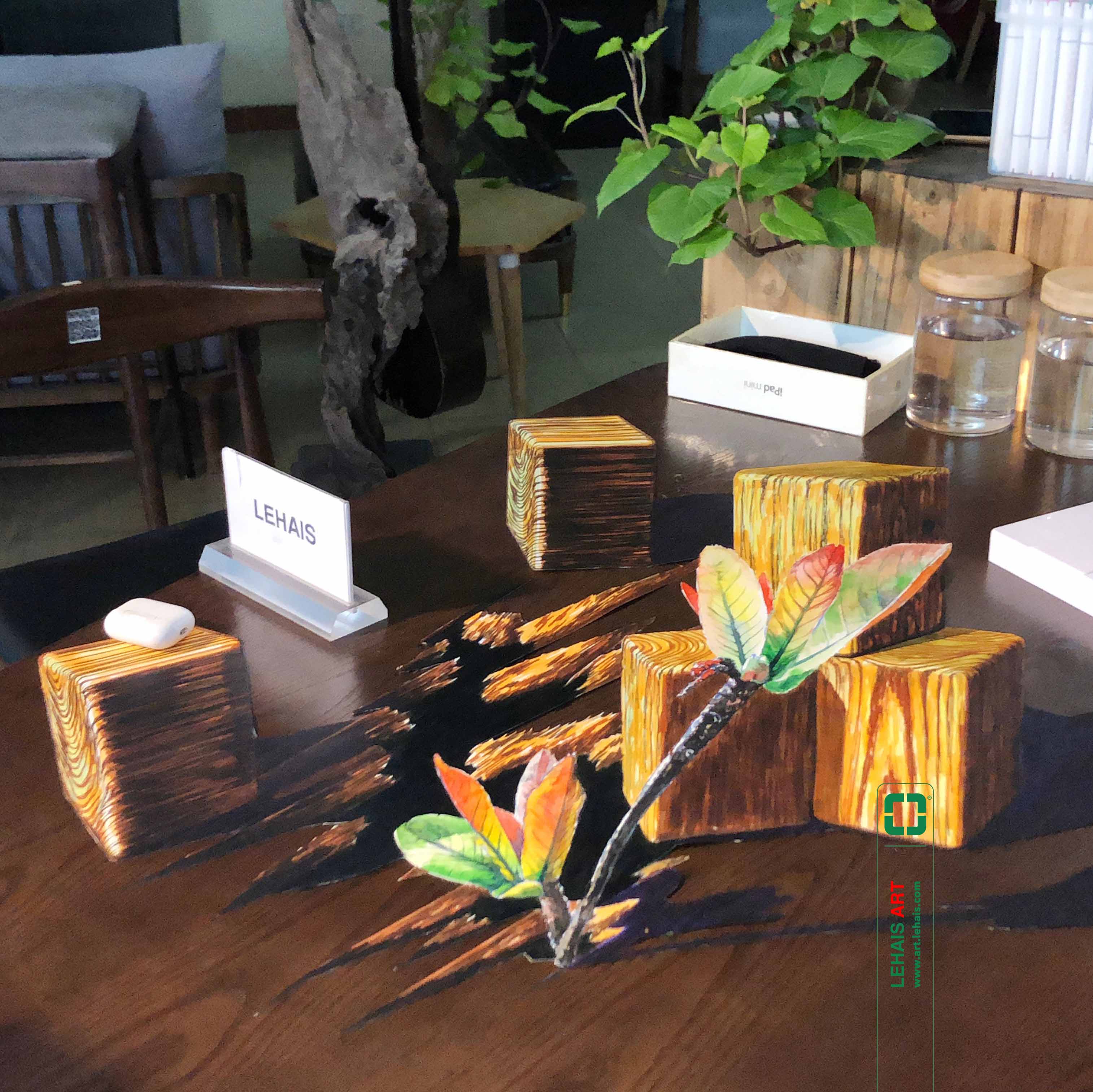 Draw an effective 3D painting with wooden cubes and tree buds growing on the table - TMN68LHAR
