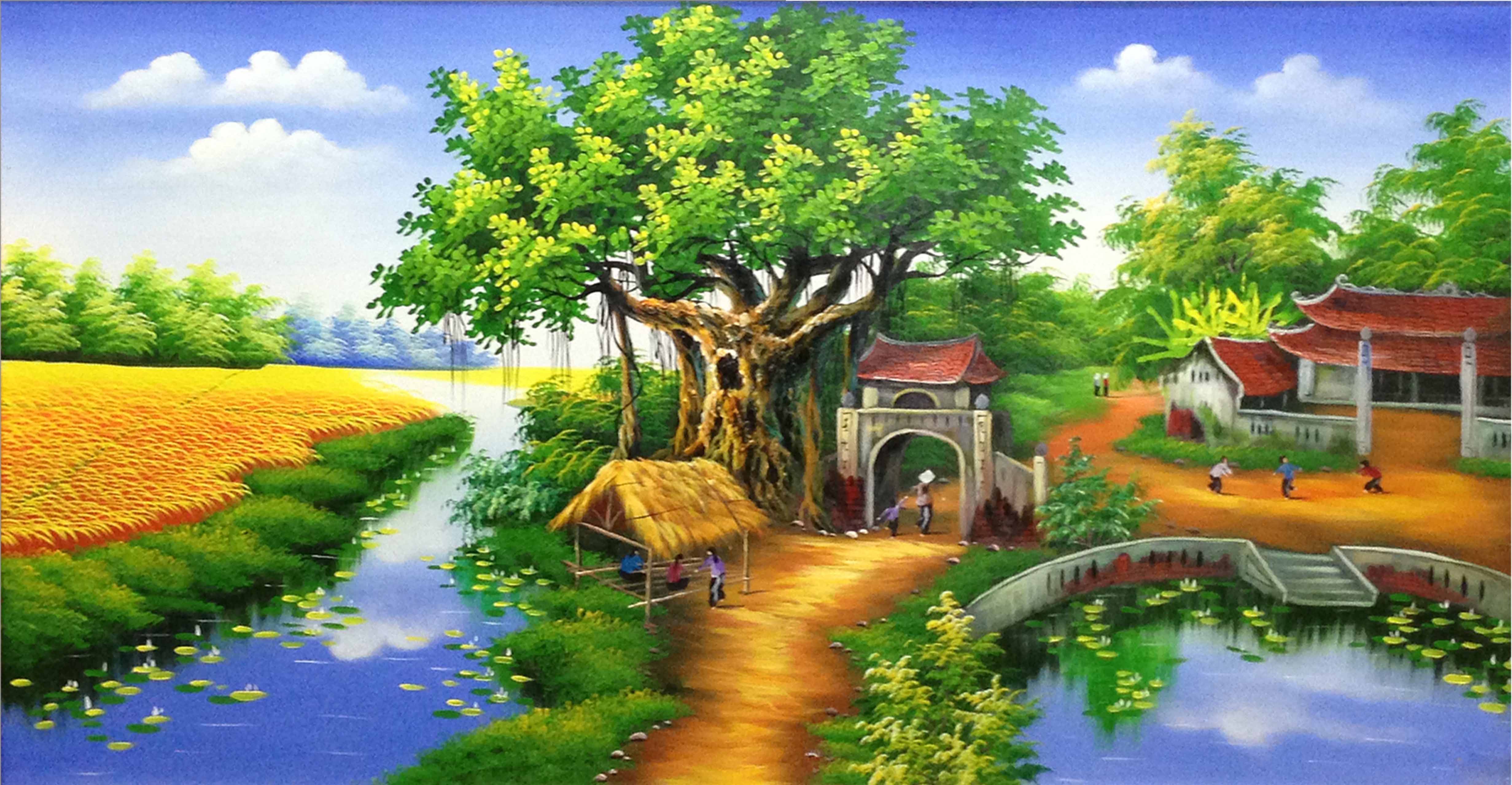 Bức tranh vẽ sơn dầu làng quê Tây Bắc mùa Xuân TSD 533