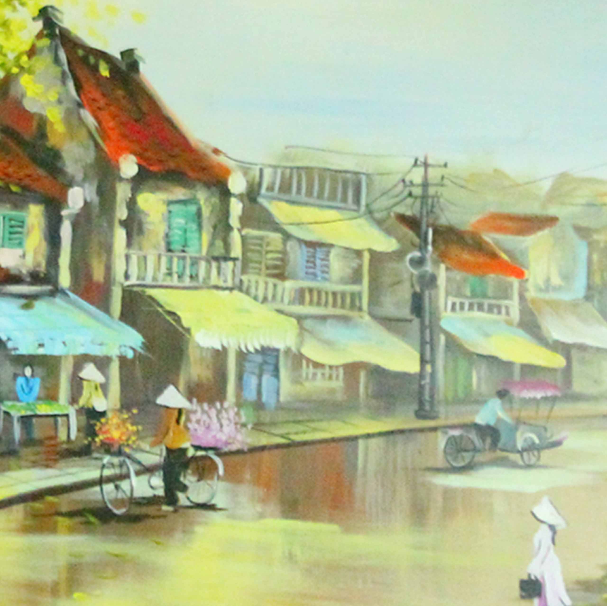 Old town oil painting: Buổi sáng tĩnh lặng trong một khu phố cổ, bức tranh sơn dầu này đã tạo ra một không gian lãng mạn và bình yên. Màu sắc cổ điển và kỹ thuật vẽ tinh tế của họa sĩ đã giúp tái hiện lại cảm giác của người xưa.