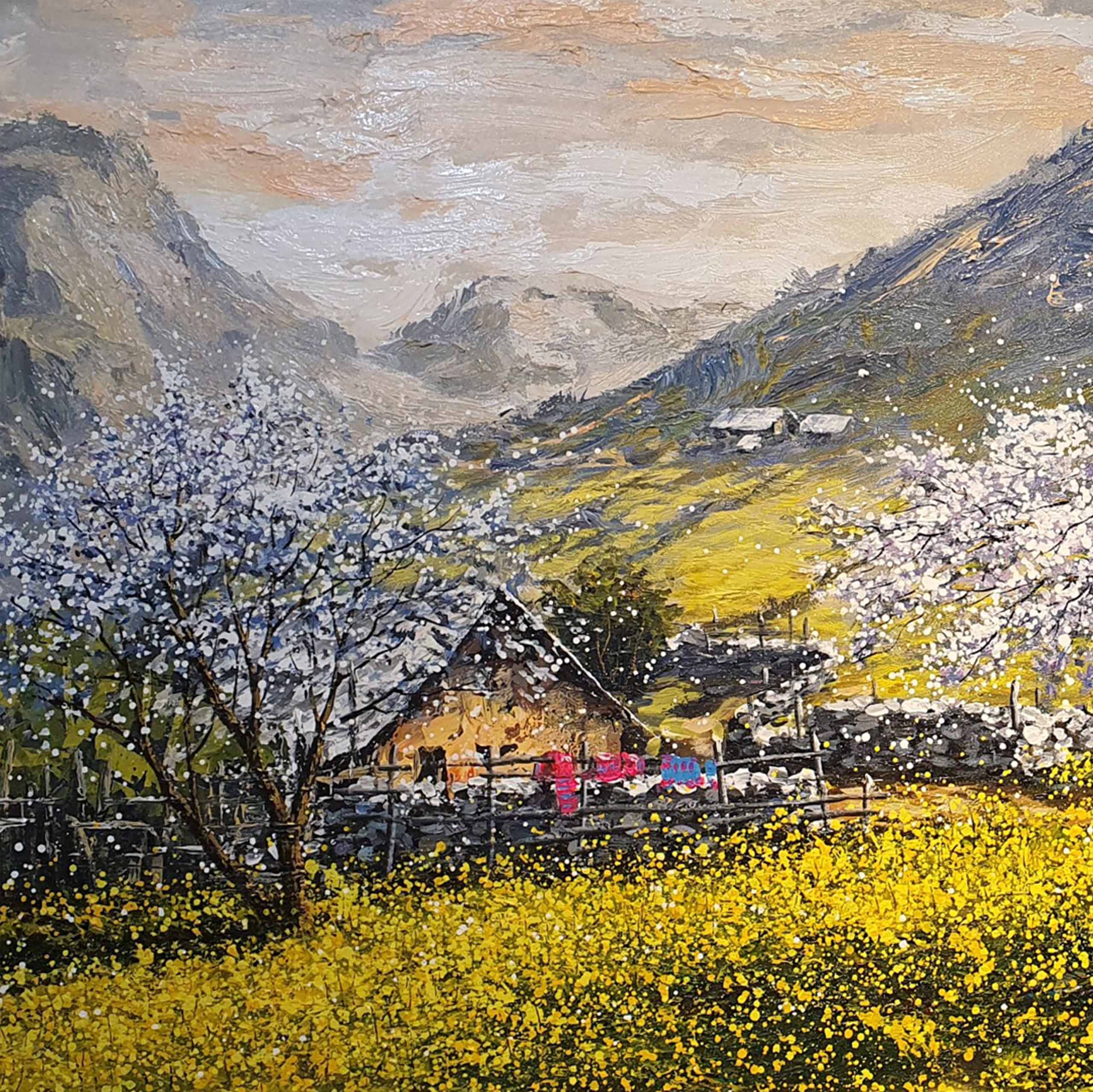 Tranh sơn dầu phong cảnh tác phẩm Nắng Mùa Xuân Trên Bản - TSD478LHAR