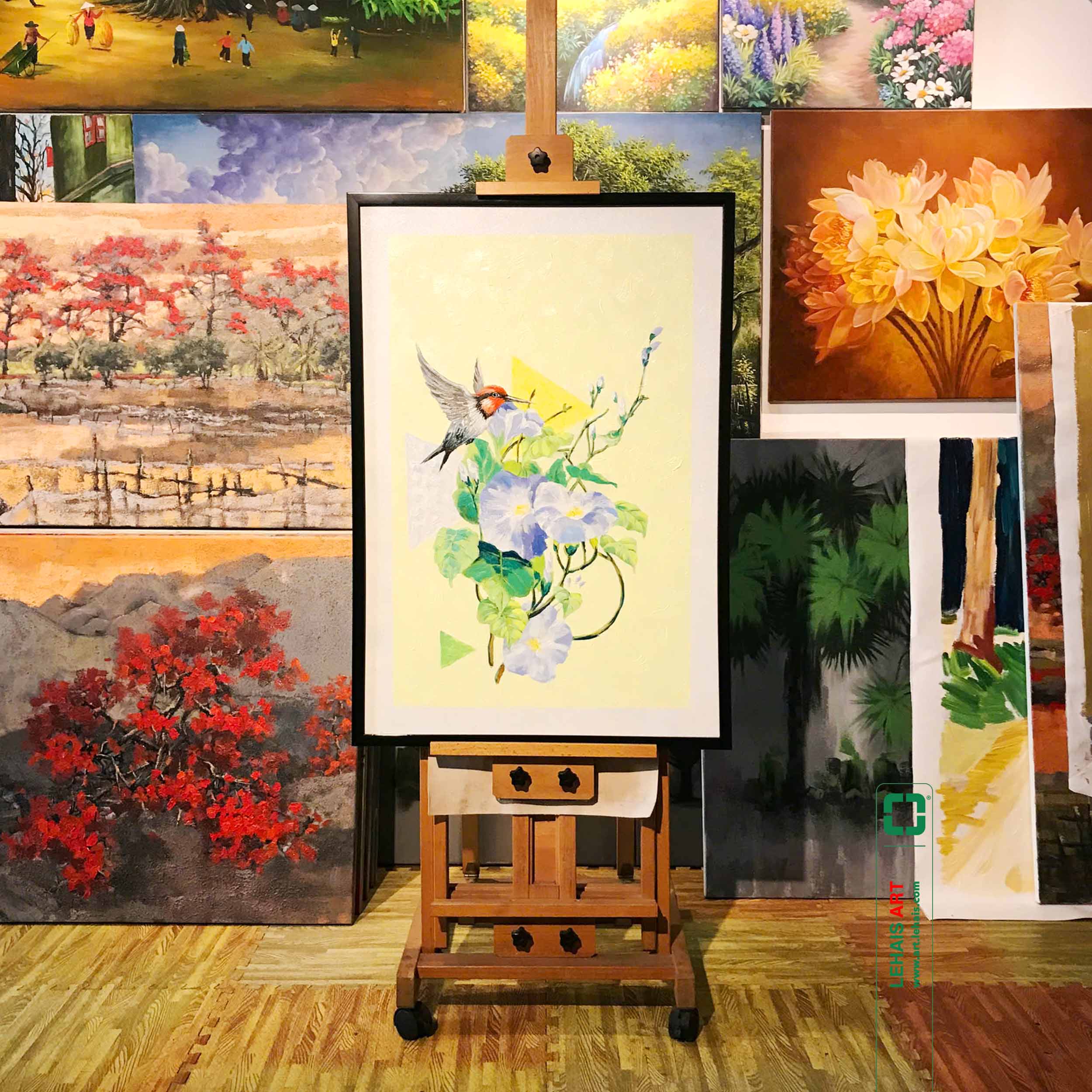 Modern style oil painting of Sparrows and Sweet Potato Flowers - TSD635LHAR