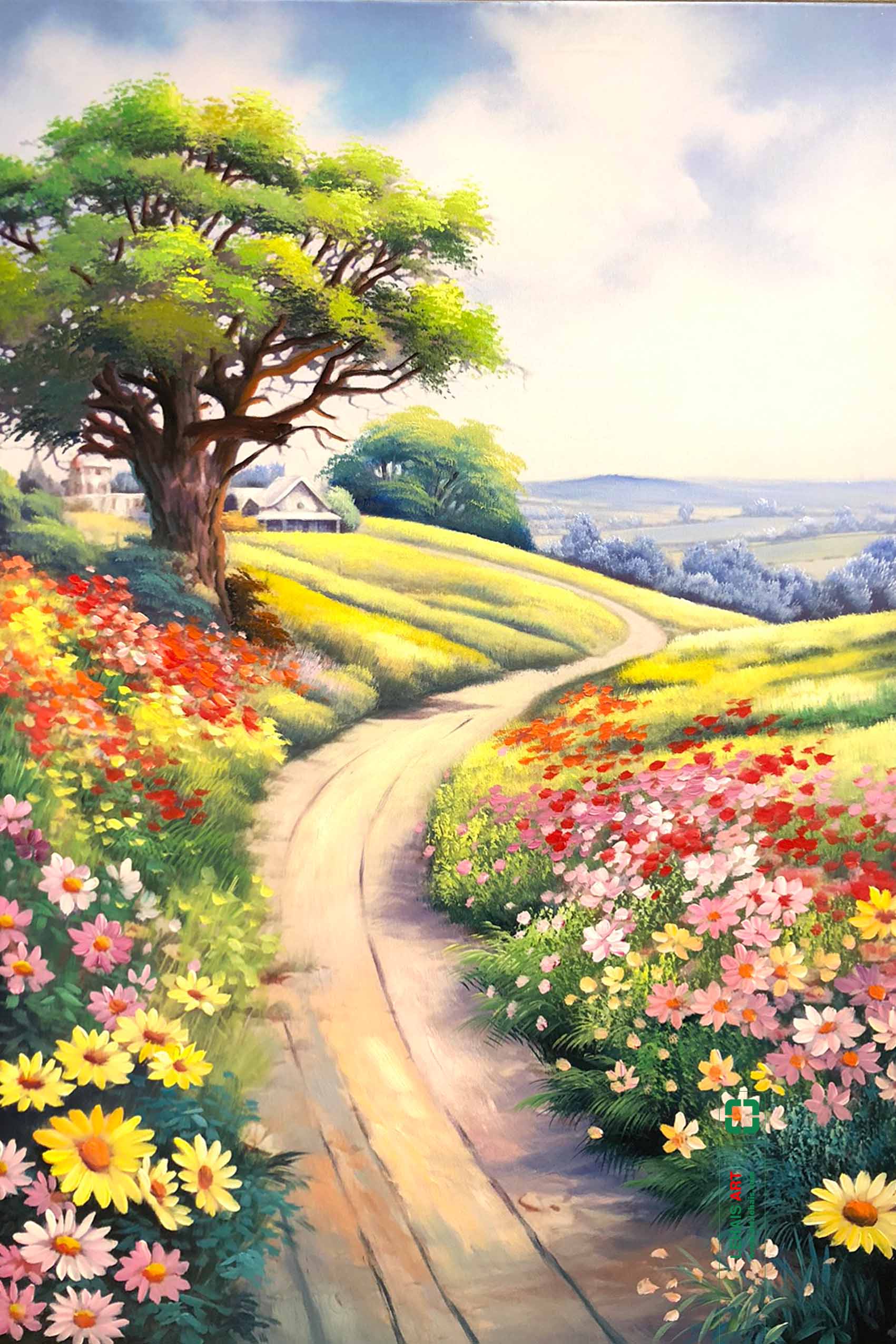 Tranh sơn dầu vẽ phong cảnh với nhiều loại hoa rực rỡ - TSD640LHAR