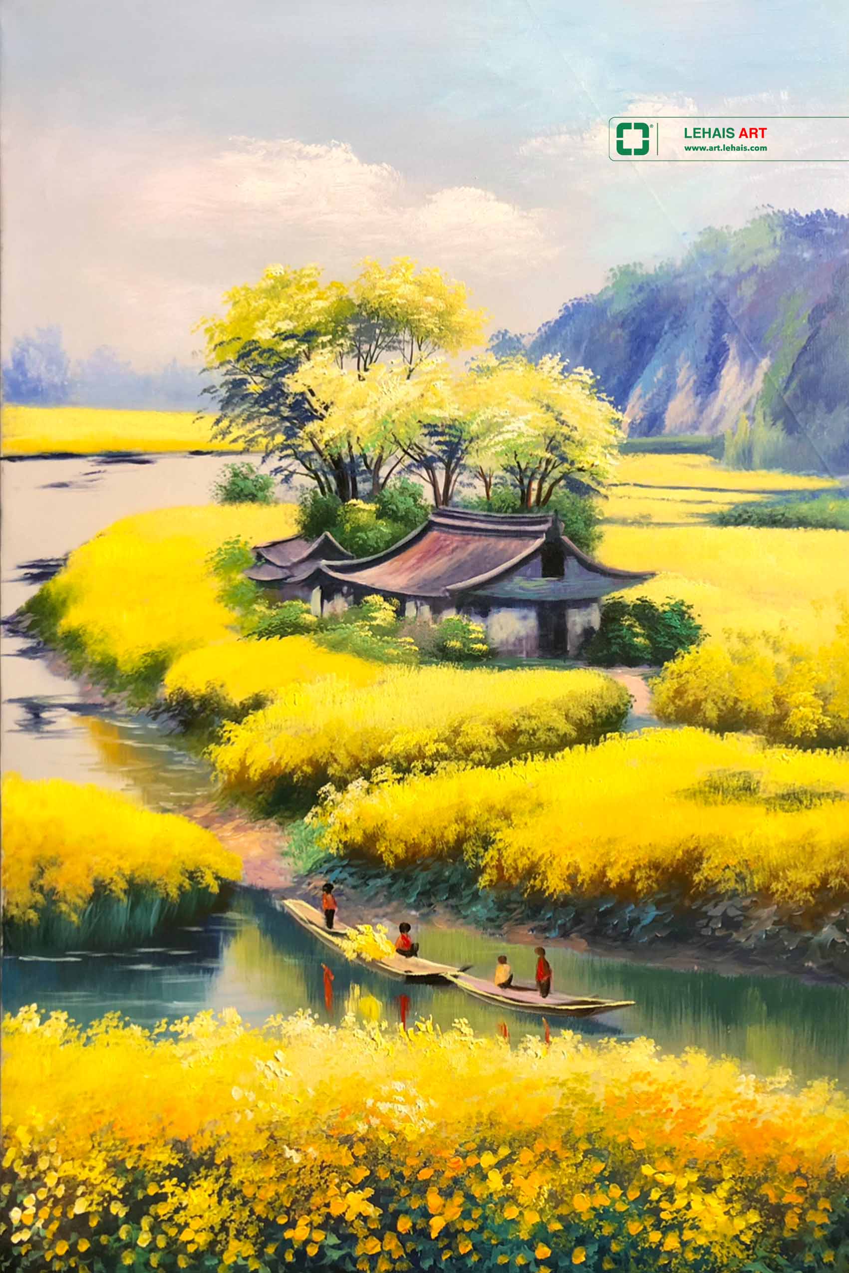 Tranh sơn dầu cảnh cánh đồng hoa vàng bên dòng sông - TSD661LHAR