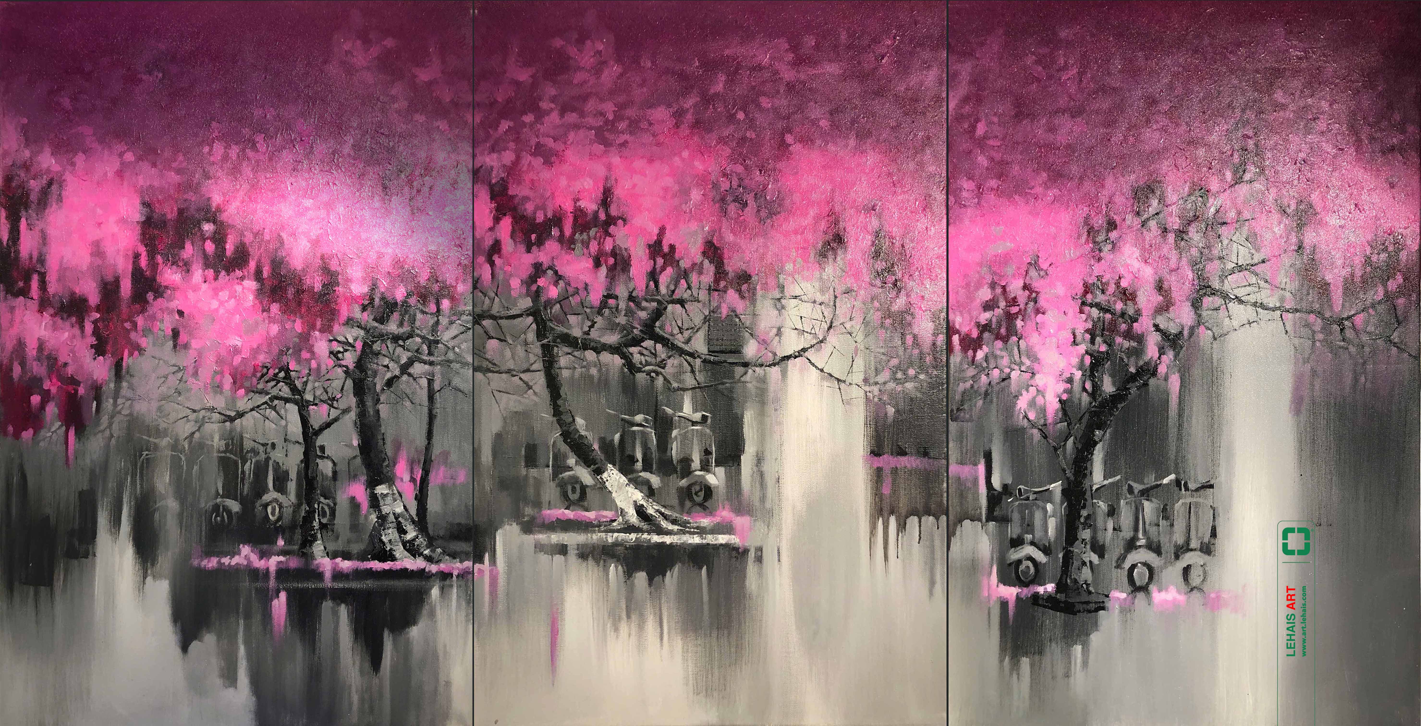 Modern oil painting depicting an old town landscape with purple Lagerstroemia trees in full bloom - TSD820LHAR