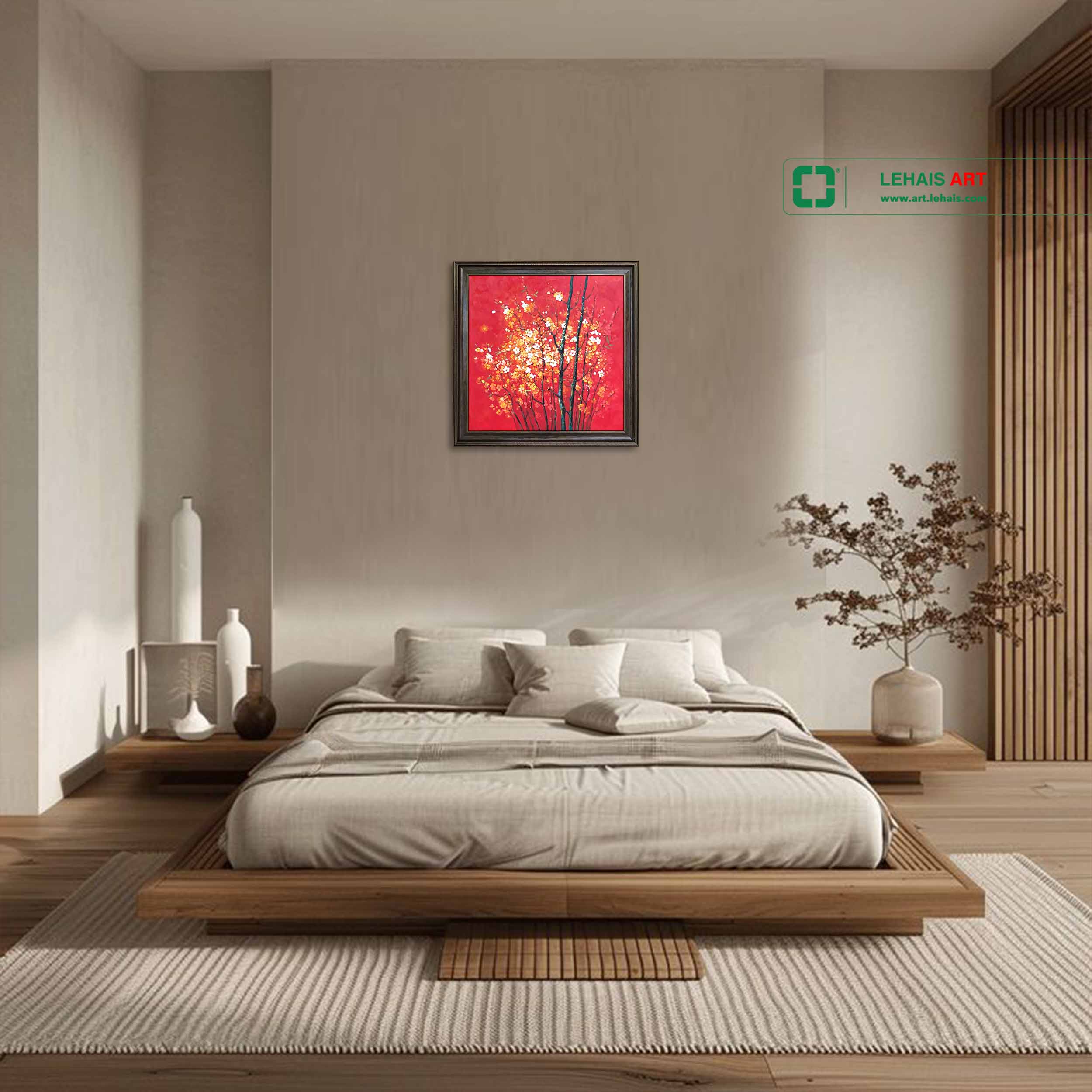 Tranh sơn dầu trang trí vẽ hoa đào với gam màu vàng đỏ rực rỡ - TSD801LHAR