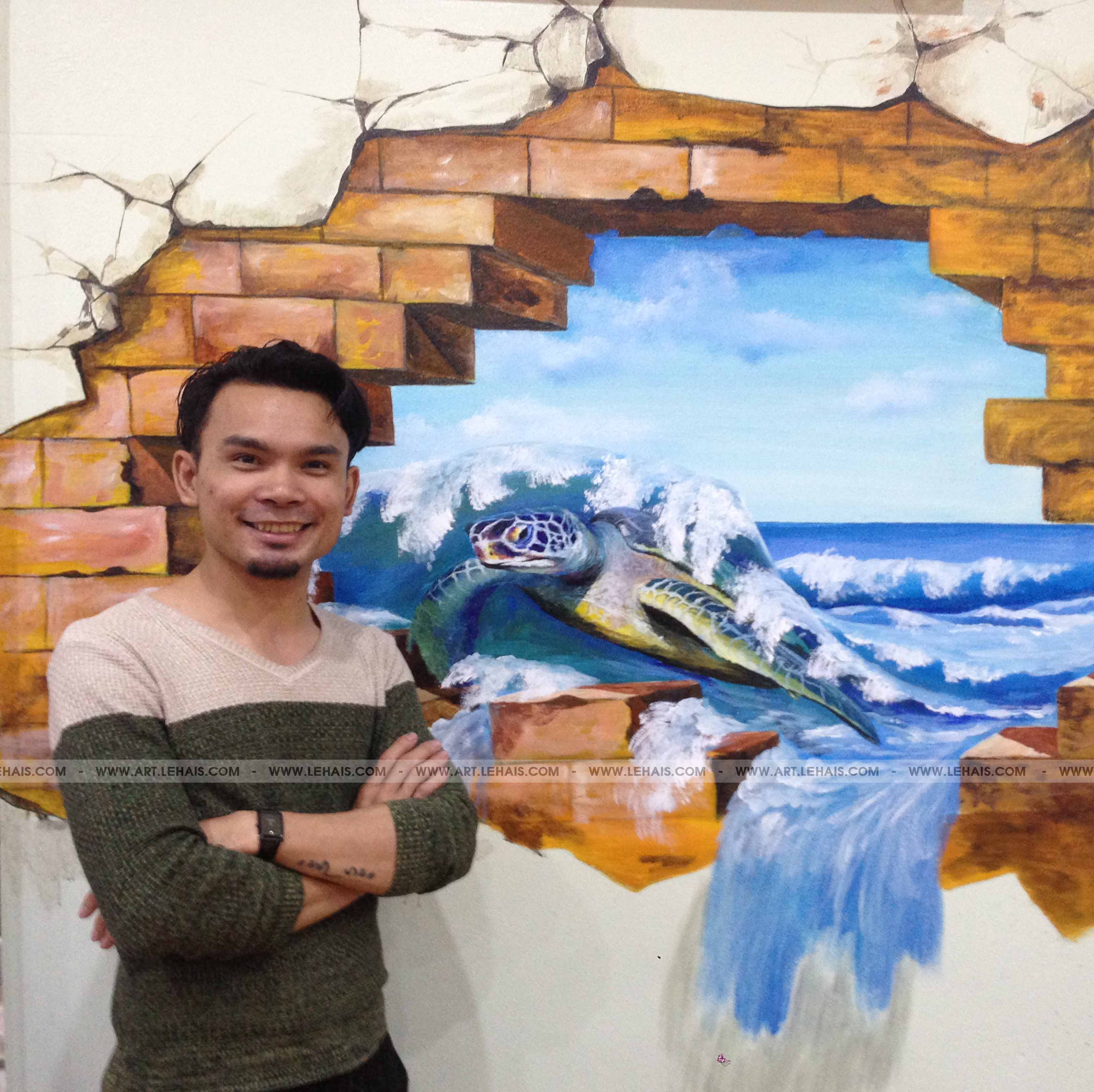 Vẽ Rùa Biển 3D Trên Tường Tại Nhà Hàng Ở Phố Nối, Hưng Yên - Tt107Lhar -  Lehais Art