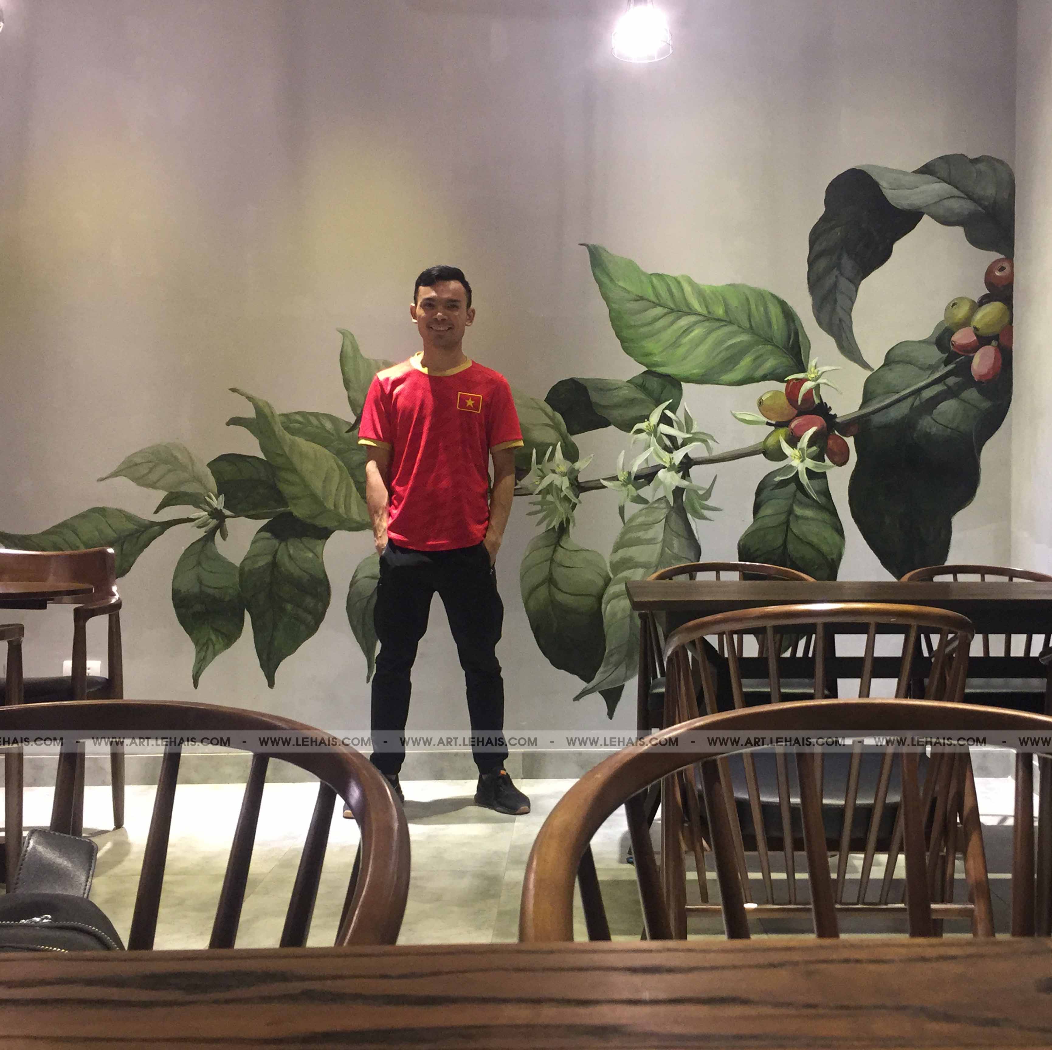 Vẽ cành cafe 3D trên tường quán cafe tại Tô Ngọc Vân, Tây Hồ, Hà Nội - TT162LHAR