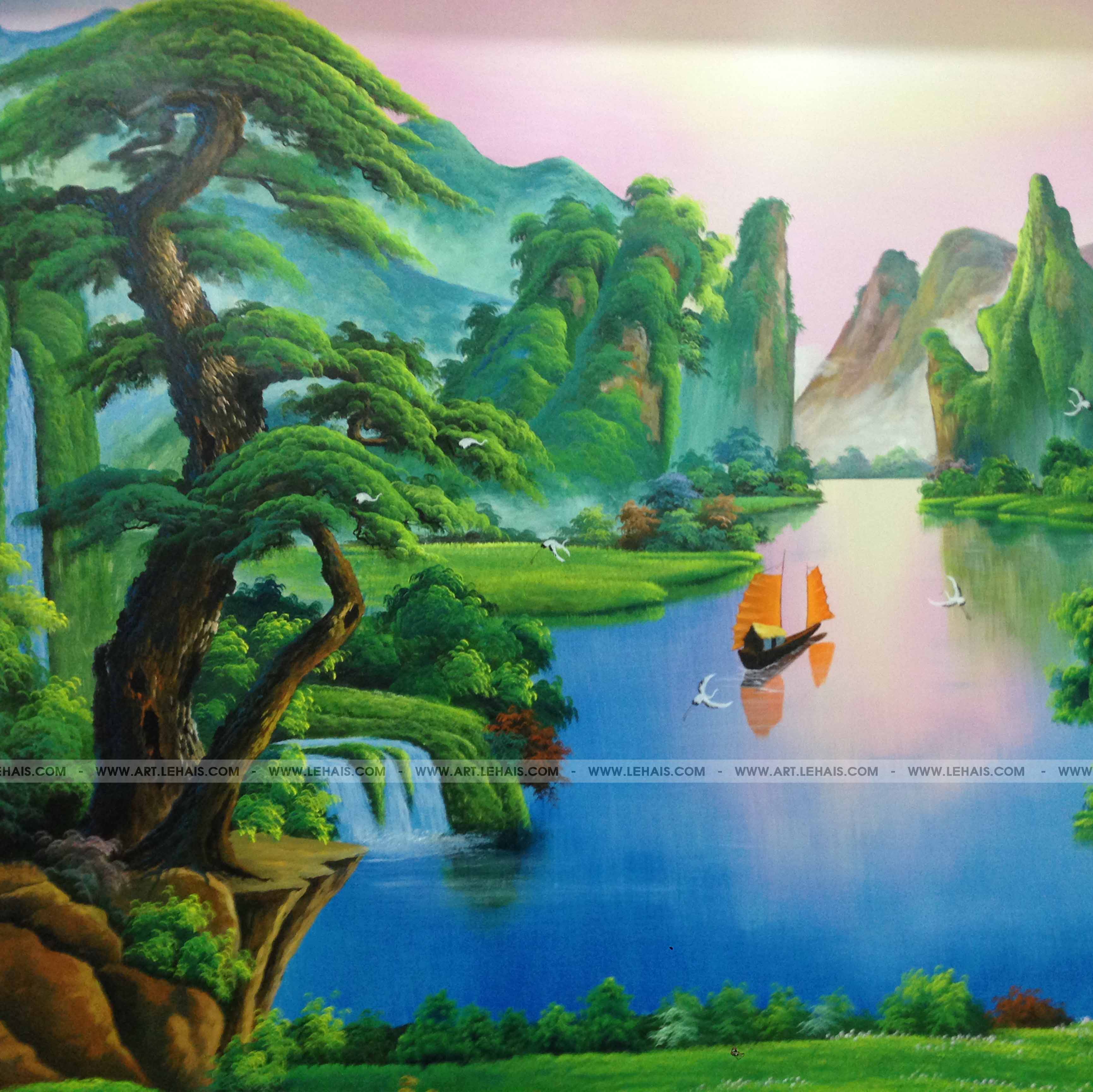 3D landscape painting on the wall at home in Son Tay, Hanoi ...