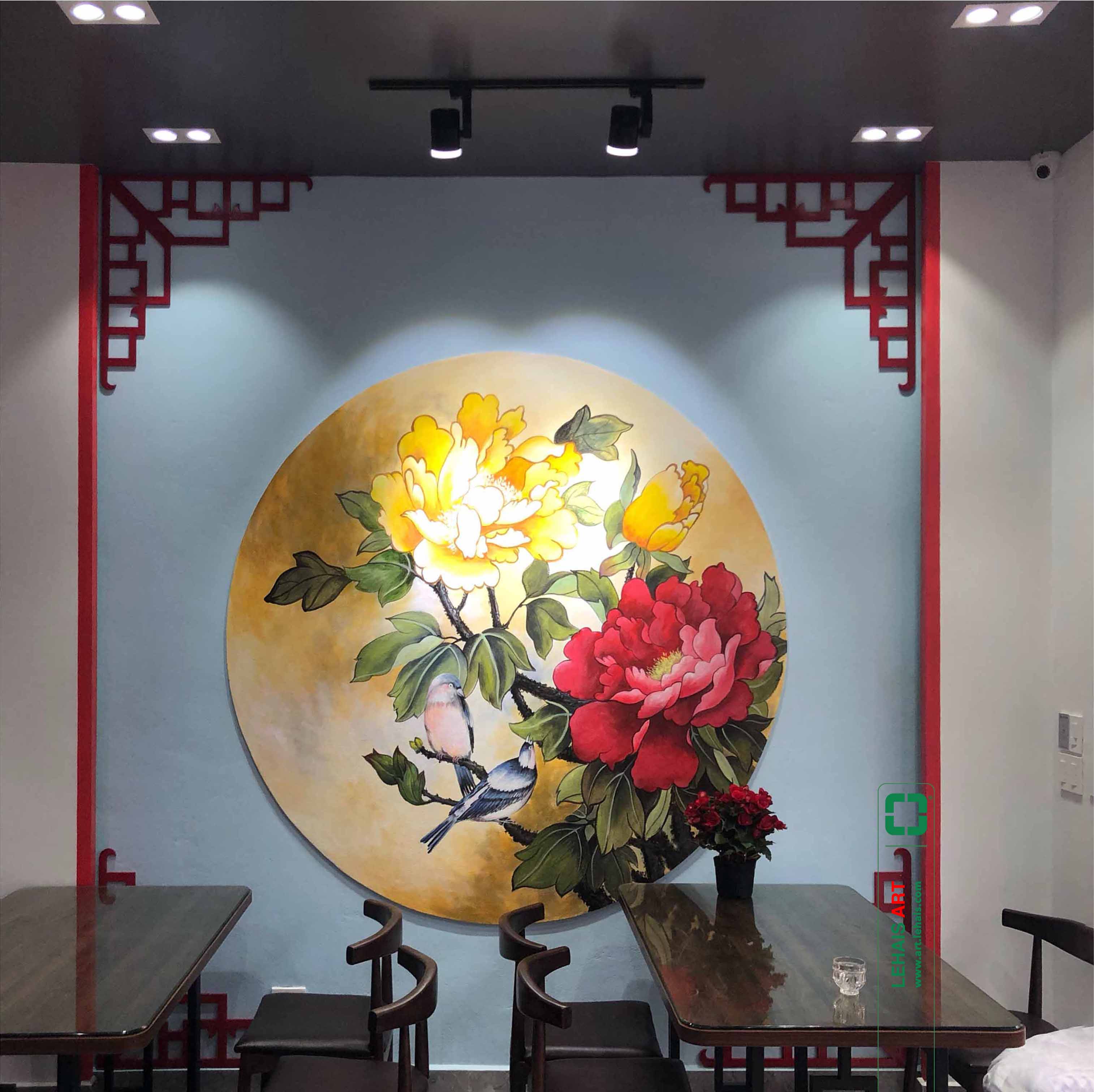 Painting a mural of Peony Flower at a restaurant in Thai Binh City - TT184LHAR