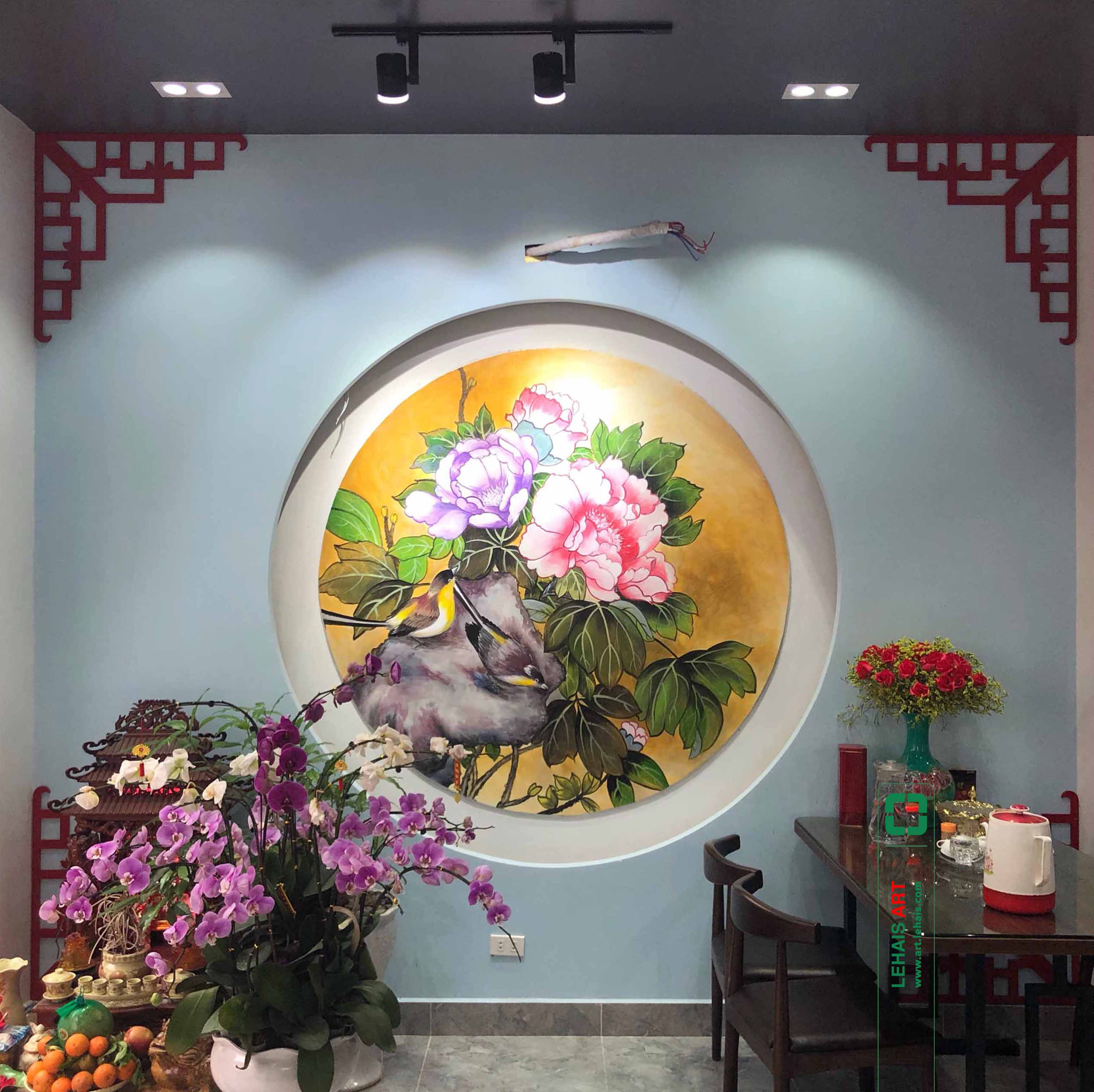 Painting a mural of Peony Flower at a restaurant in Thai Binh City - TT185LHAR