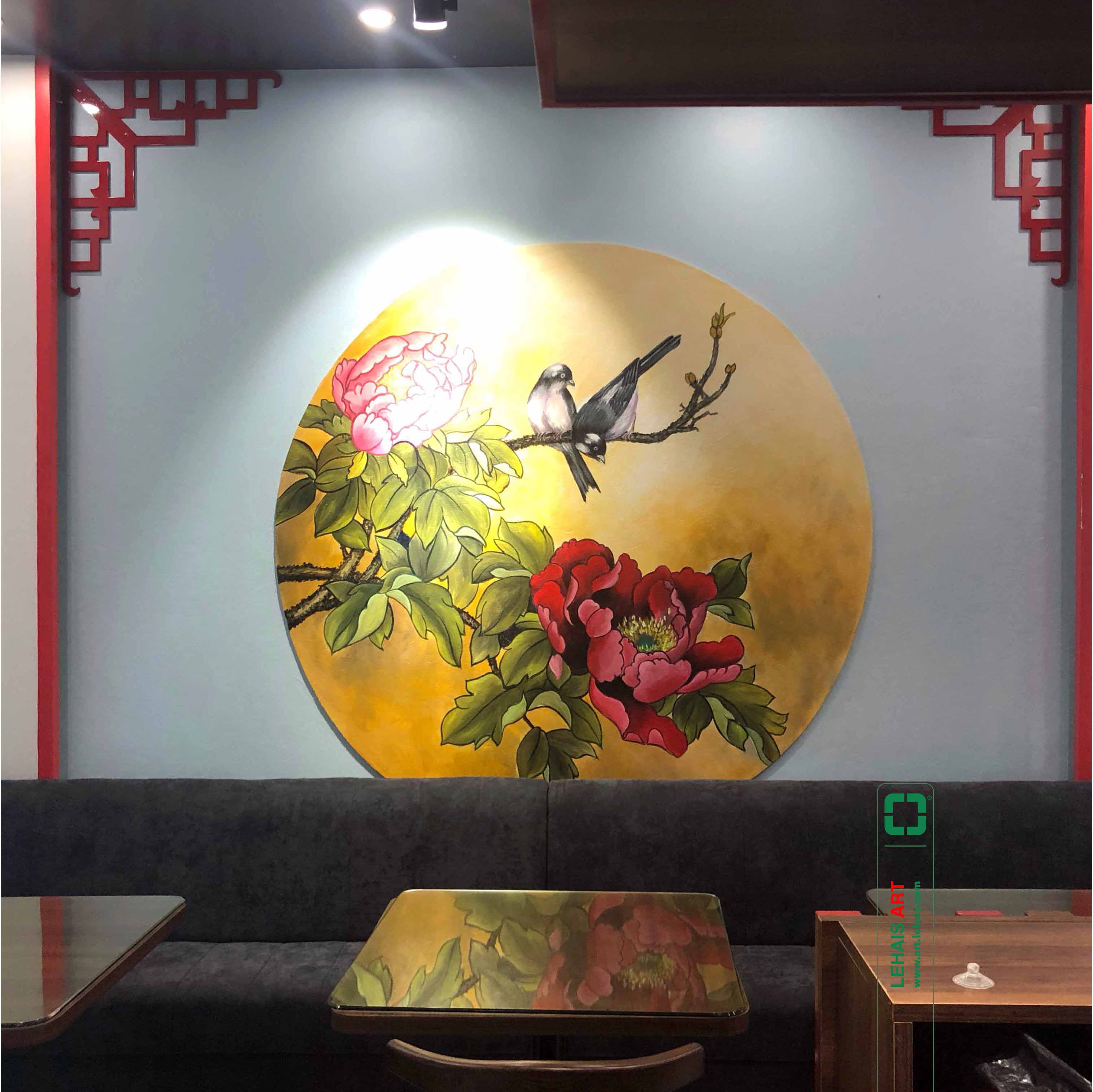 Painting a mural of Peony Flower at a restaurant in Thai Binh City - TT187LHAR