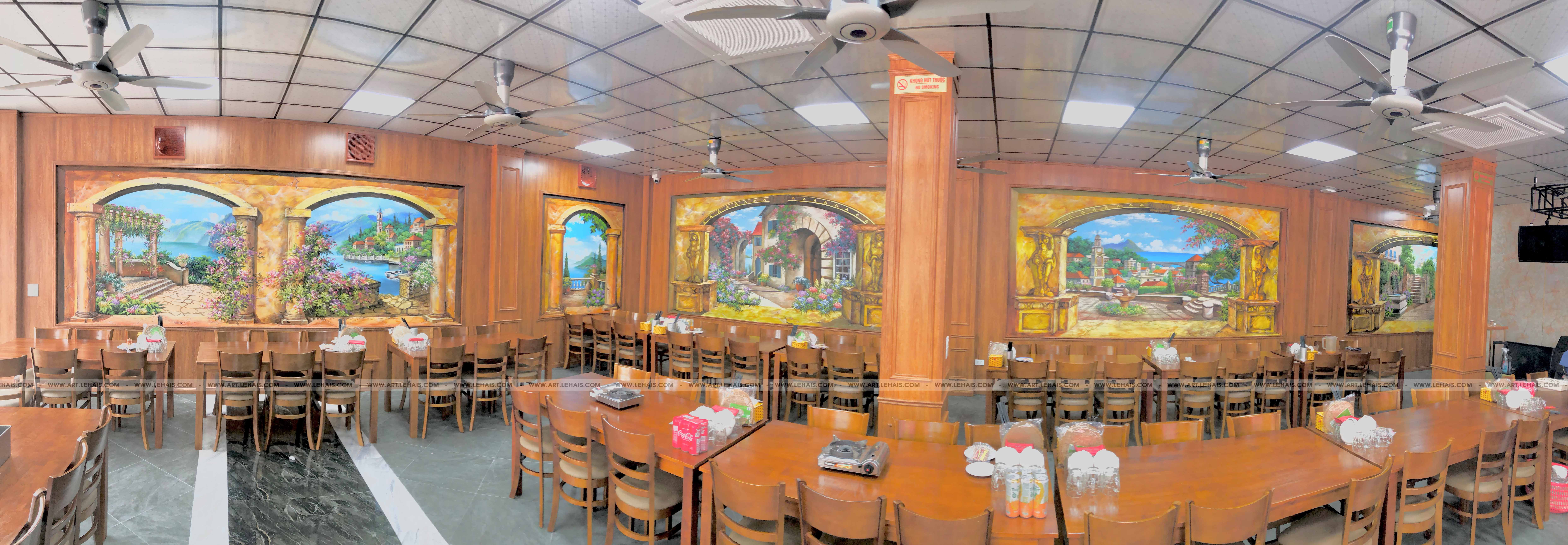 Vẽ tranh tường phong cảnh 3D tại nhà hàng Hùng Tàu ở Phố Nối, Mỹ Hào, Hưng Yên - TT188LHAR