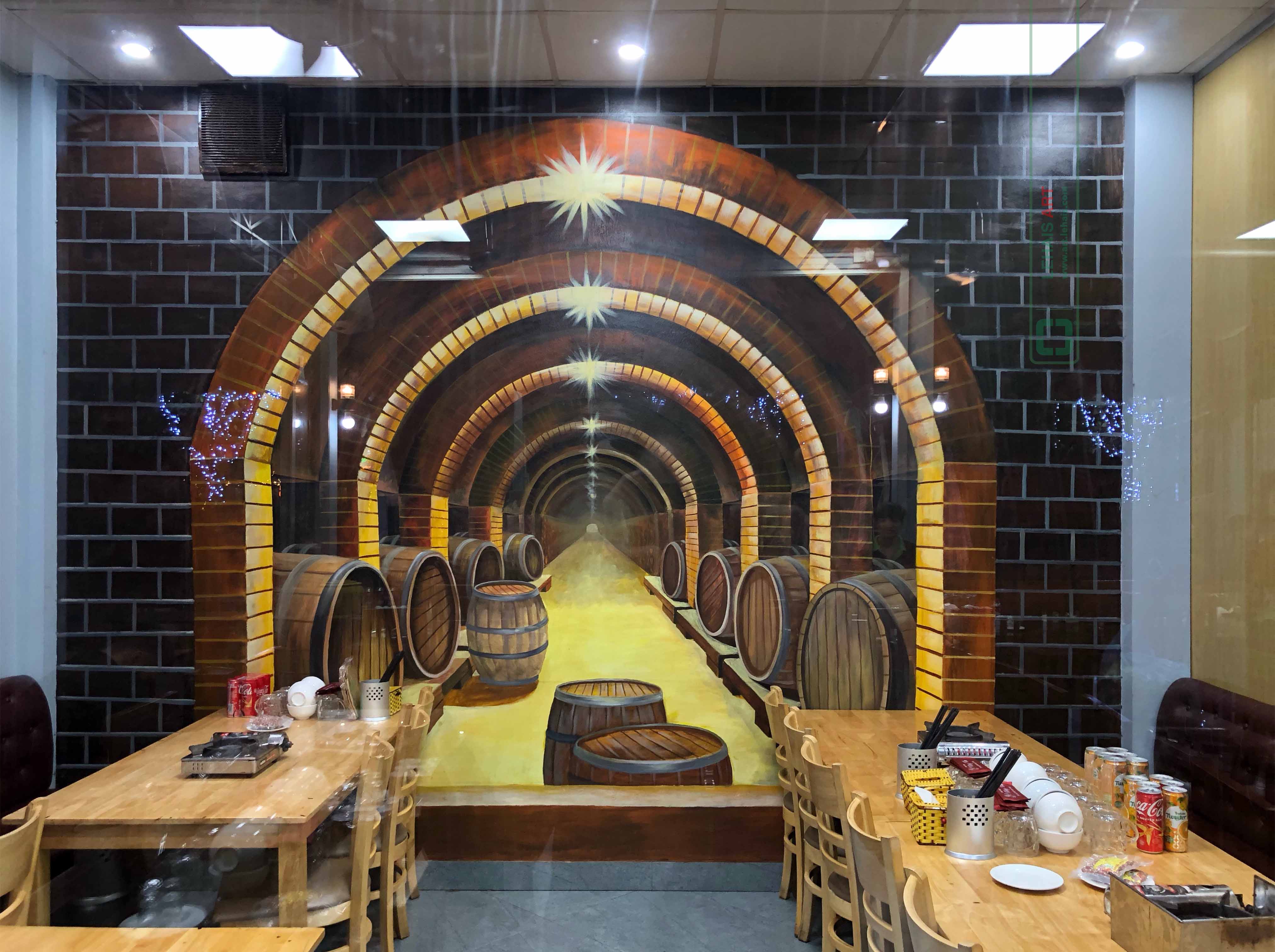 Vẽ tranh 3D trên tường hình ảnh Hầm Rượu tại nhà Hàng Hùng Tàu ở Phố Nối, Hưng Yên - TT197LHAR