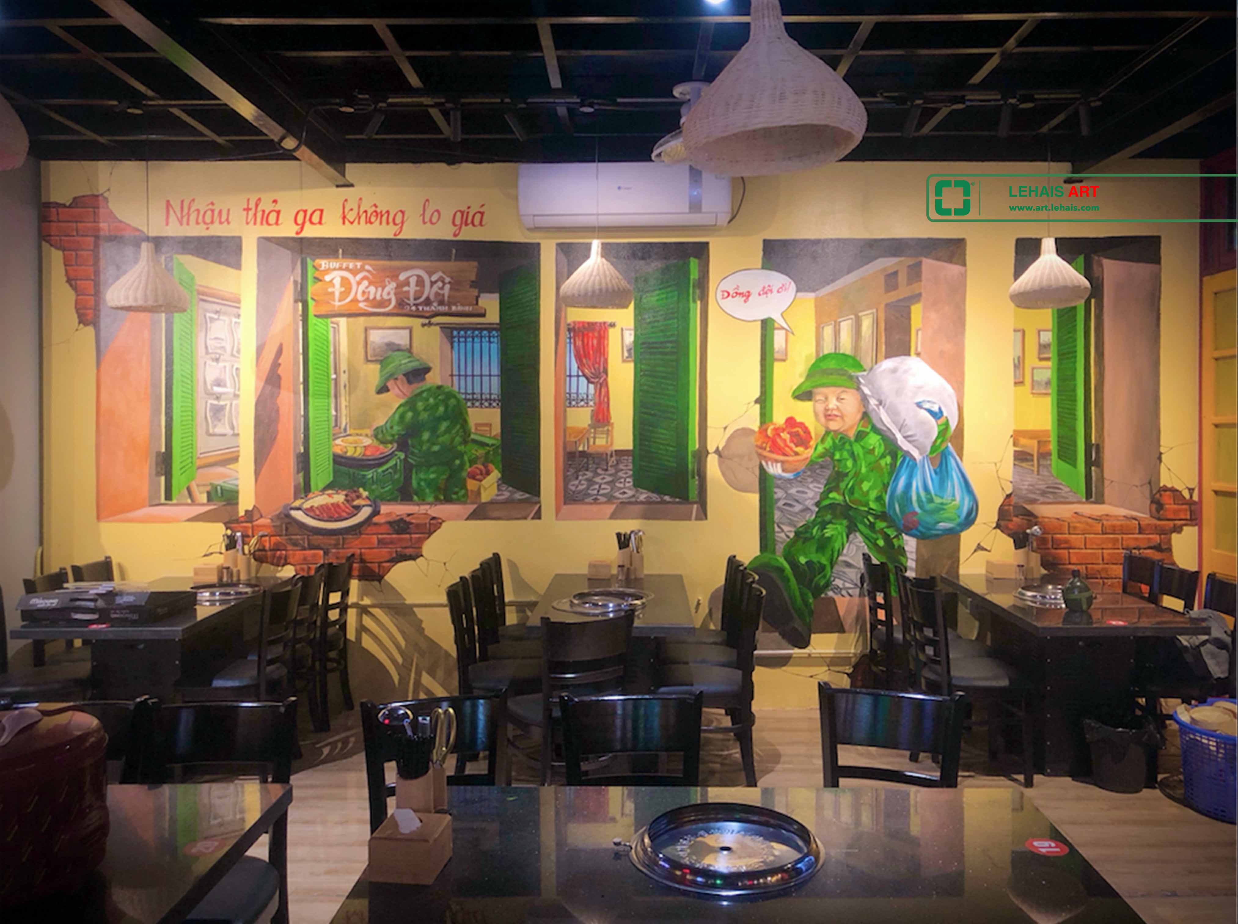 Painting murals to decorate the shop at BUFFET TEAM in Thanh Binh, Ha Dong, Hanoi - TT199LHAR
