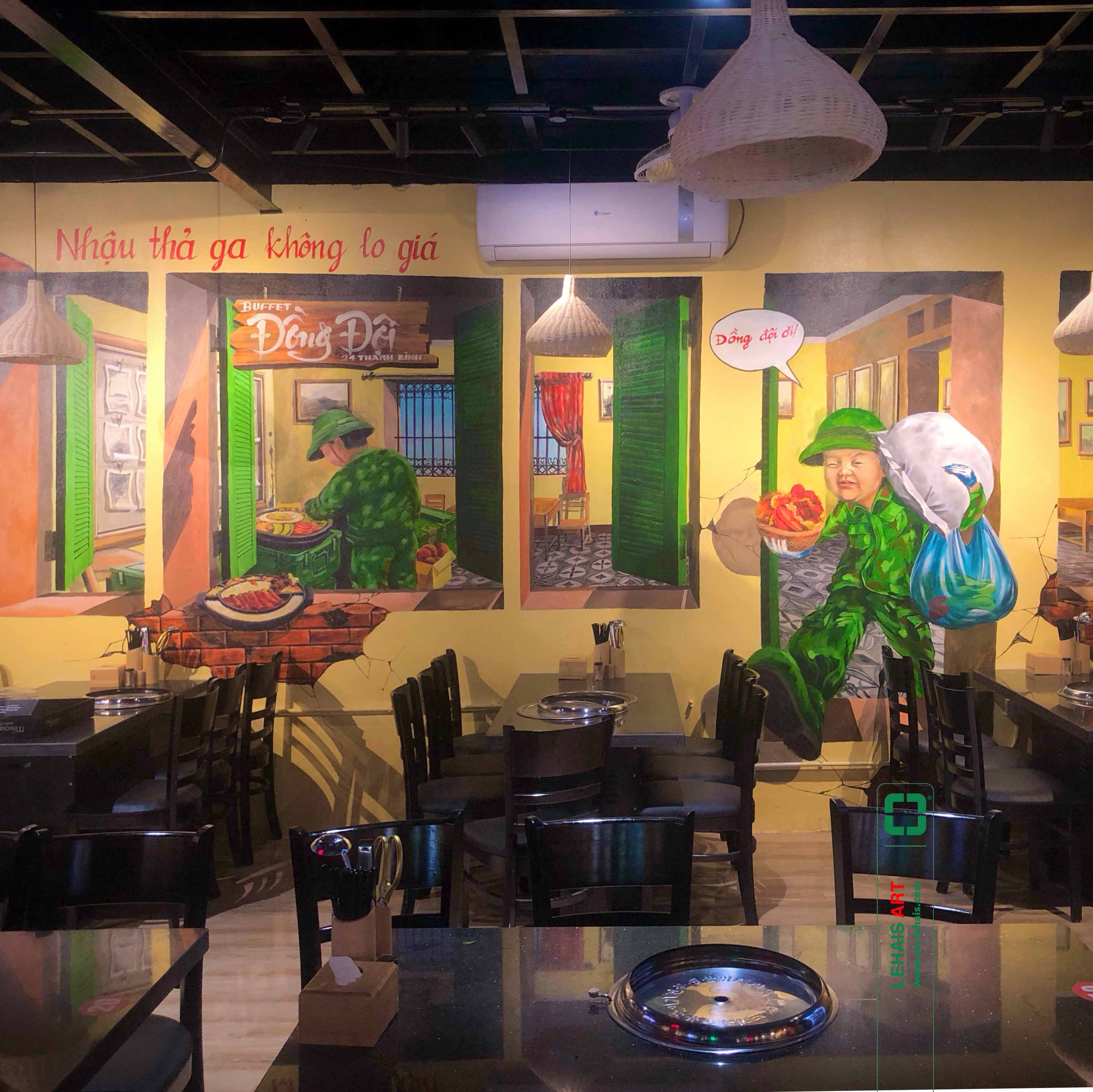 Painting murals to decorate the shop at BUFFET TEAM in Thanh Binh, Ha Dong, Hanoi - TT199LHAR